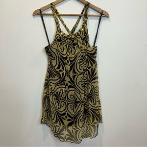 Vintage Bebe Silk Tribal Print Flowy Mini Dress Tan Brown